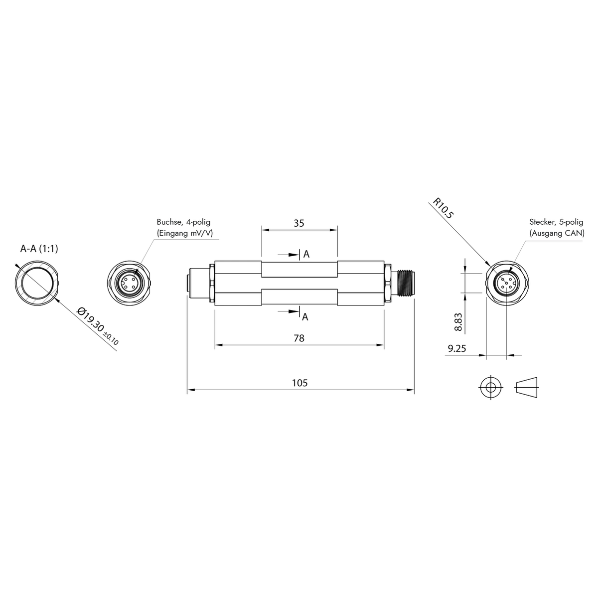 Maßzeichnung EMFA CAN-Inlineadapter, Ø 21 × 105 mm