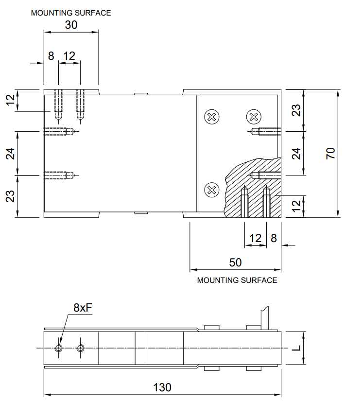 Maßzeichnung Single-Point-Wägezelle LCLJ, Länge 130 mm