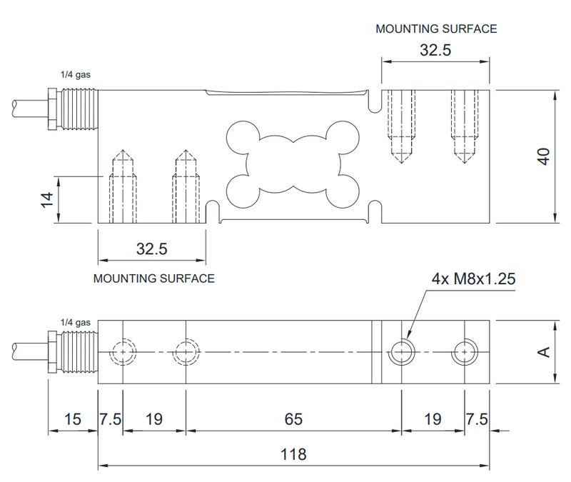 Maßzeichnung Single-Point-Wägezelle LCLK L-PTC, Länge 118 mm