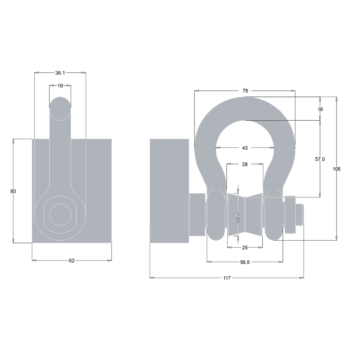 Dimensional drawing LPMA wireless load shackle 3250 kg