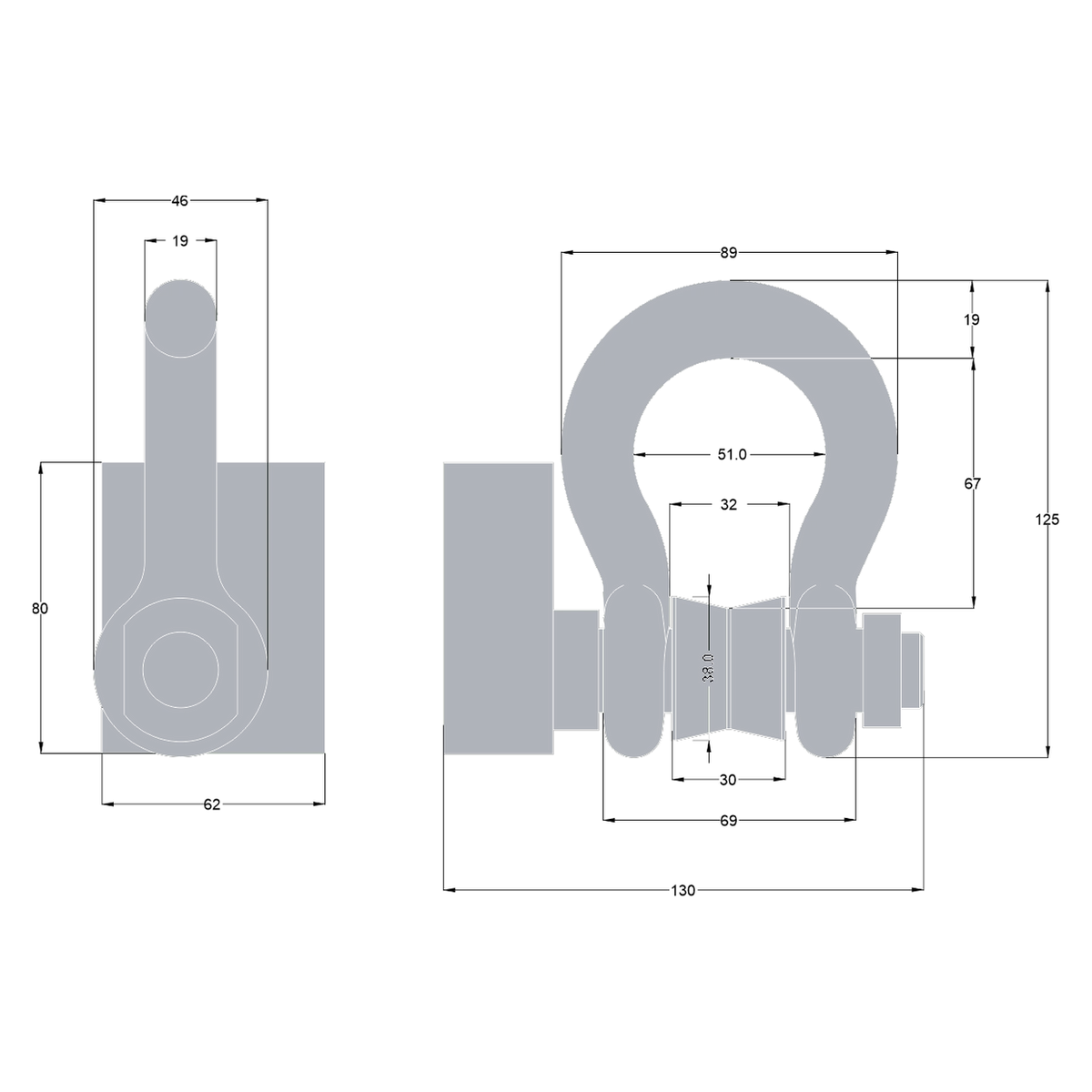 Dimensional drawing LPMB wireless load shackle 4750 kg