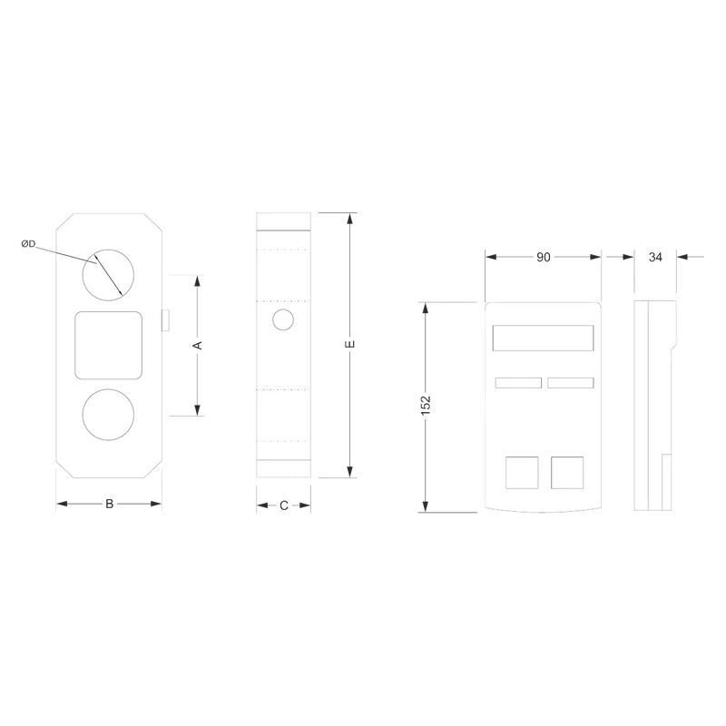 Dimensional drawing LTMA load link with dimension letters A to E and handheld display unit 152 × 90 × 34 mm
