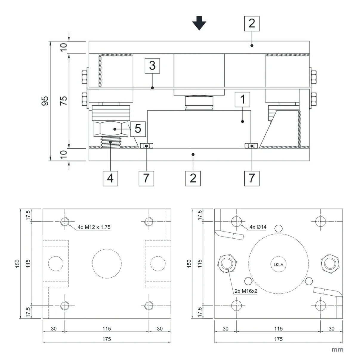 Maßzeichnung LWOA Stützpunkt: Seitenansicht, Oberplatte 4 × M12 × 1,75, Unterplatte 4 × Ø 14 mm, 175 × 150 × 95 mm