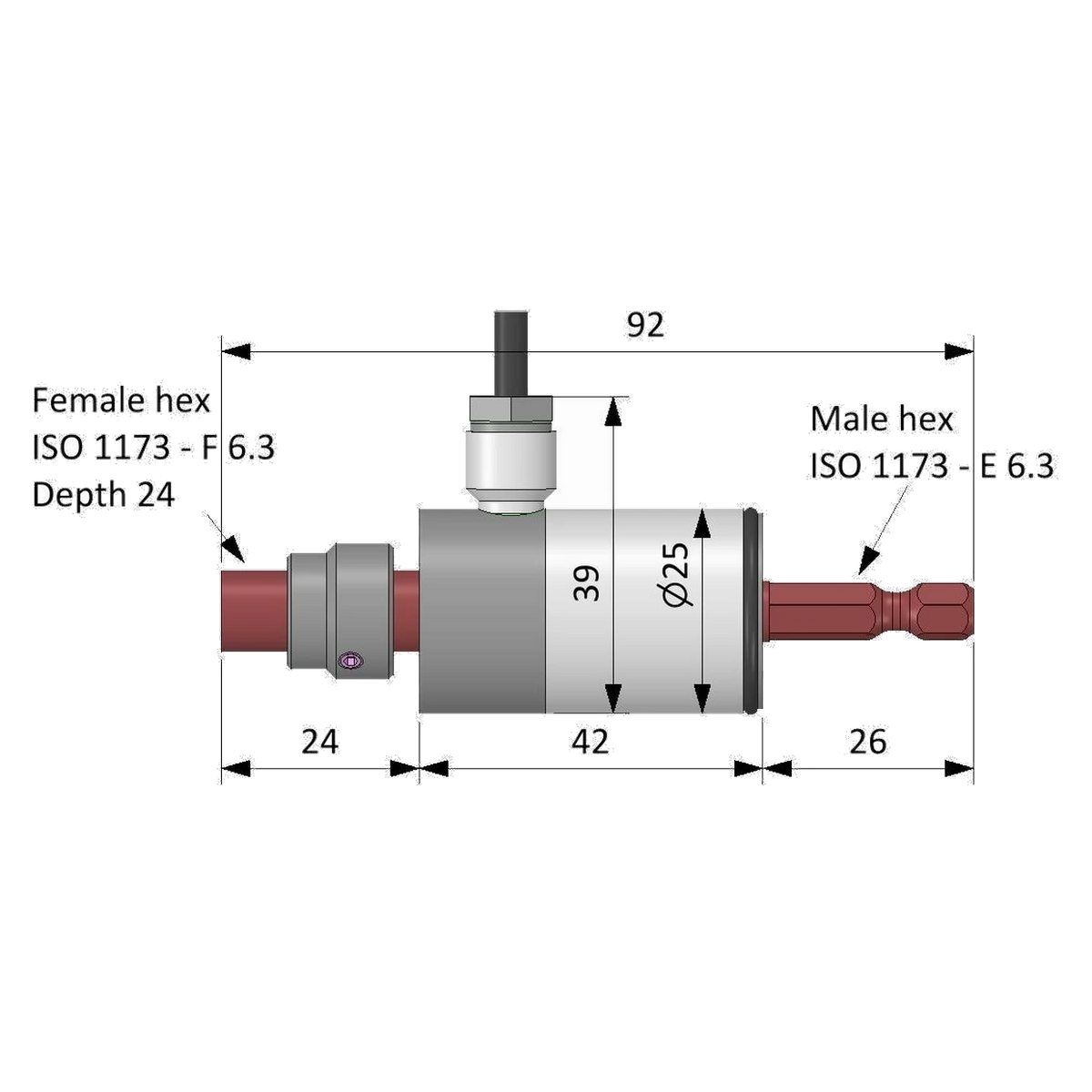 Maßzeichnung Drehmomentsensor MHAA microTor mit Gesamtlänge 92 mm