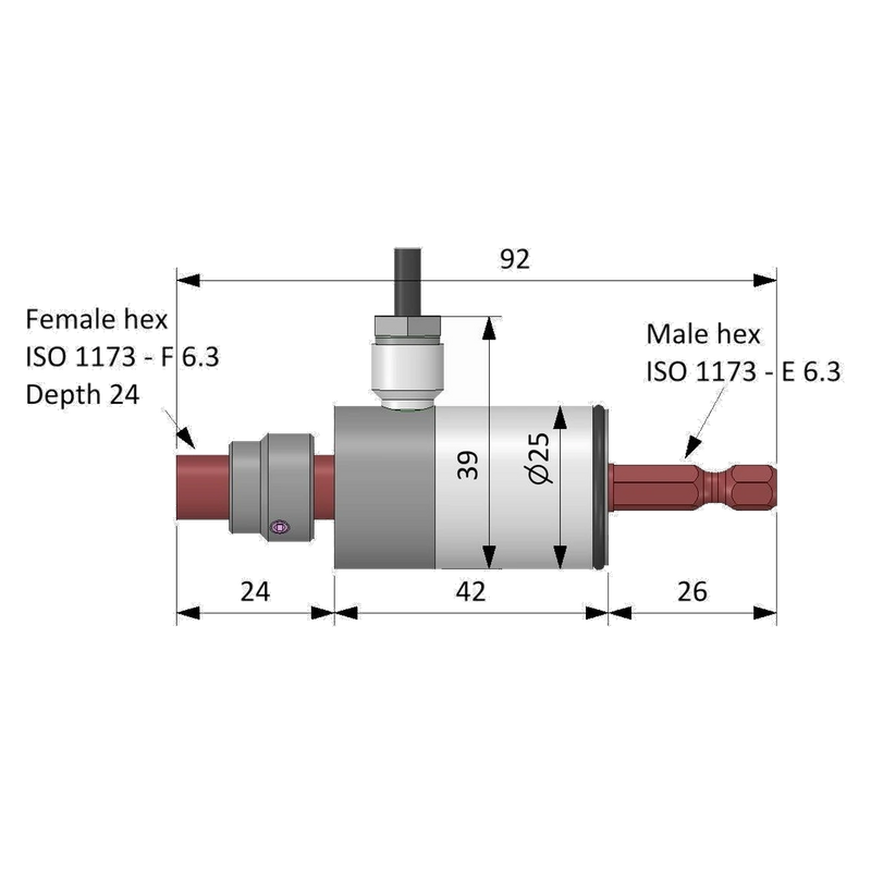 Maßzeichnung Drehmomentsensor MHAA microTor mit Gesamtlänge 92 mm