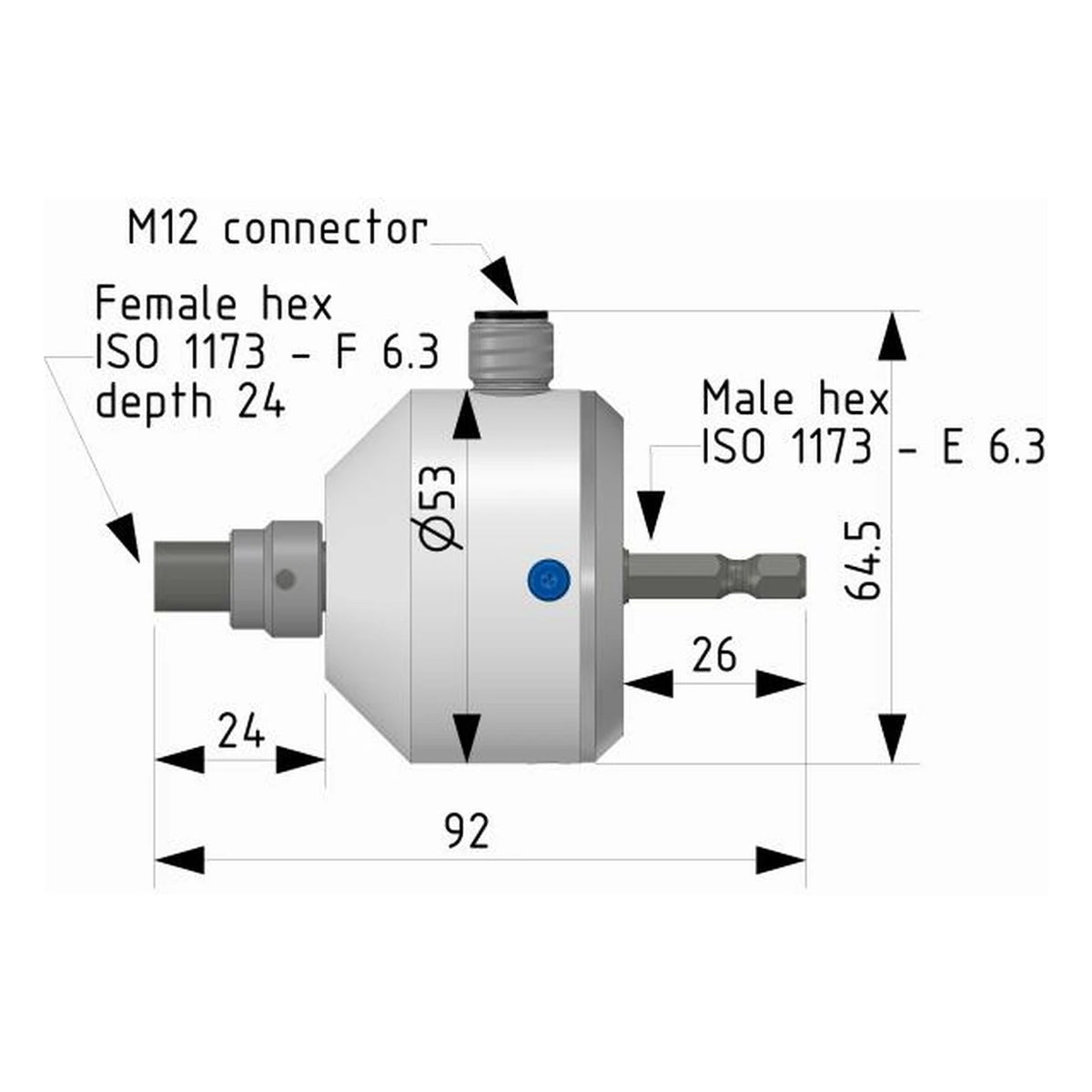 Maßzeichnung Drehmomentsensor MHAB mit Gesamtlänge 92 mm und Durchmesser 53 mm