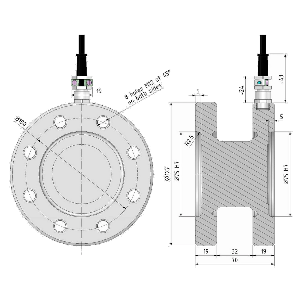Maßzeichnung Drehmomentsensor MSAA TRX für 200 N·m bis 2 kN·m mit Flansch Ø 127 mm
