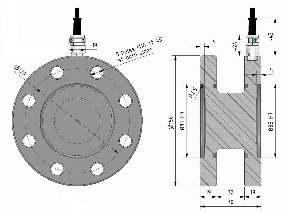 Maßzeichnung Drehmomentsensor MSAA TRX für 3 und 5 kN·m mit Flansch Ø 150 mm