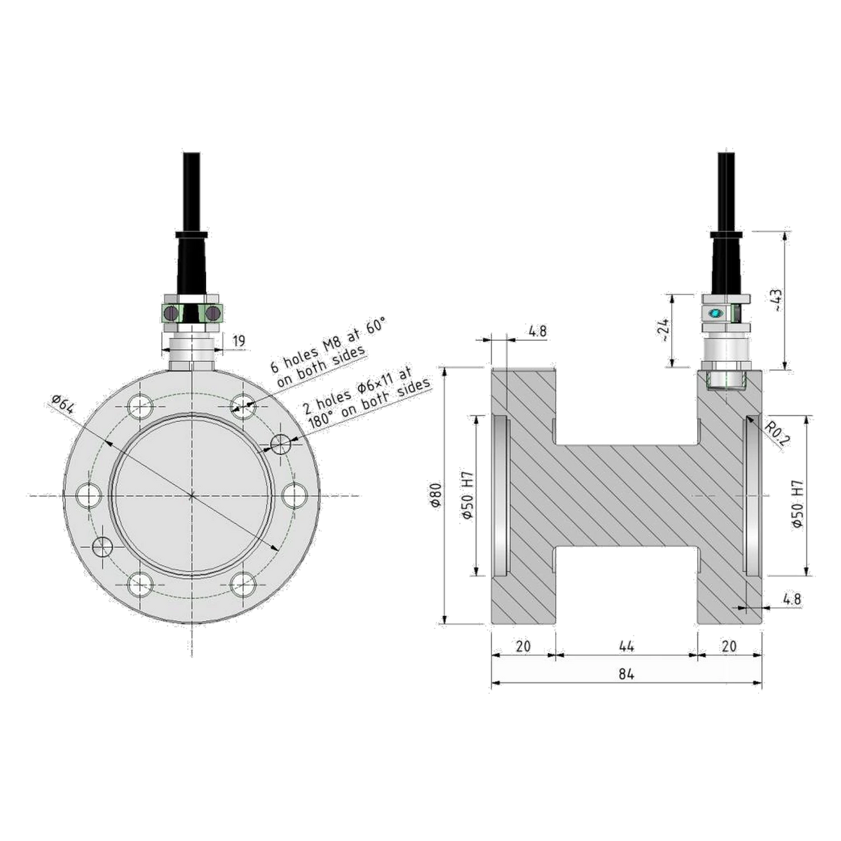 Maßzeichnung Drehmomentsensor MSAA TRX für 50 und 100 N·m mit Flansch Ø 80 mm