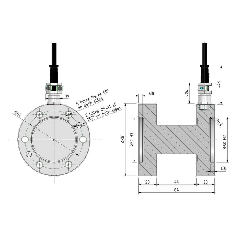 Maßzeichnung Drehmomentsensor MSAA TRX für 50 und 100 N·m mit Flansch Ø 80 mm