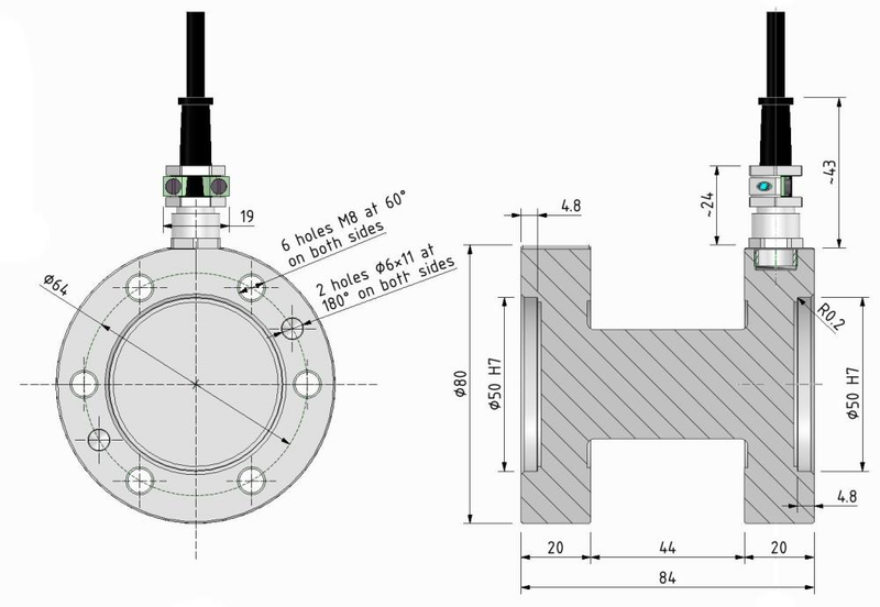 Maßzeichnung Drehmomentsensor MSAA TRX für 50 und 100 N·m mit Flansch Ø 80 mm