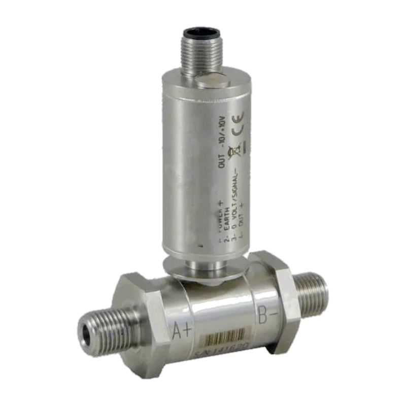 PDAA Differenzdruck-Transmitter DF2R: Edelstahlgehäuse mit zwei Druckanschlüssen A+ und B−, Sechskant und M12-Stecker