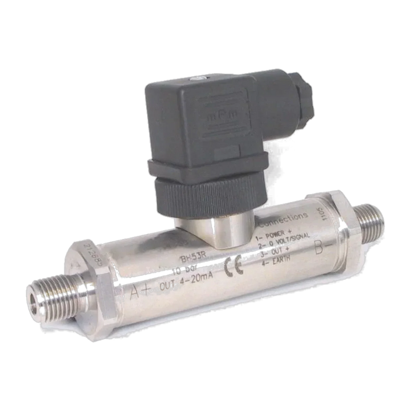 PDAB Differenzdruck-Transmitter DF2: Edelstahlgehäuse mit zwei Druckanschlüssen A+ und B−, Sechskanten und Winkelstecker