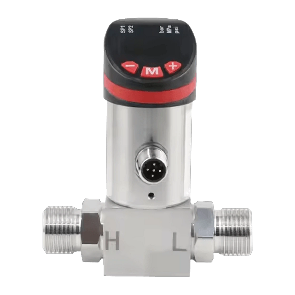 PDKA Elektronischer Differenzdrucksensor mit Display: Edelstahlgehäuse mit Druckanschlüssen H und L und M12-Stecker