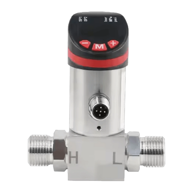 PDKA Elektronischer Differenzdrucksensor mit Display: Edelstahlgehäuse mit Druckanschlüssen H und L und M12-Stecker