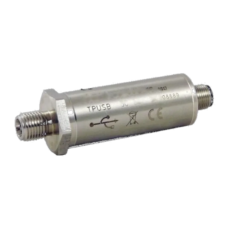 PRAH Drucktransmitter mit USB TPUSB: Edelstahlzylinder mit Sechskant, Außengewinde und Rundstecker, aufgedrucktes USB-Symbol