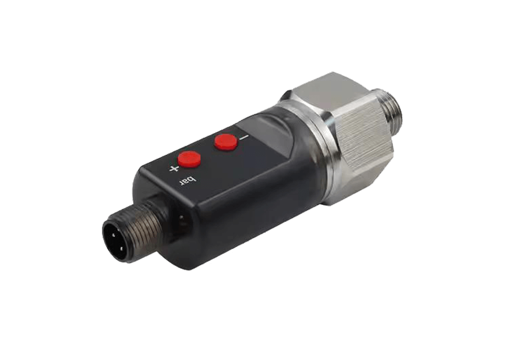 Elektronischer Druckschalter PSKA, liegende Ansicht mit M12-Stecker