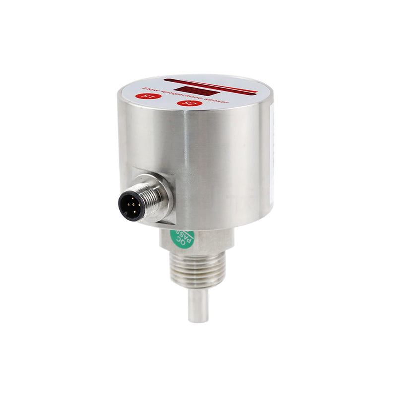 QEKC Strömungs-/Temperatursensor, LED-Anzeige: rundes Edelstahlgehäuse mit roter LED-Anzeige und Tasten S1/S2, M12-Stecker, Einschraubgewinde und Fühler