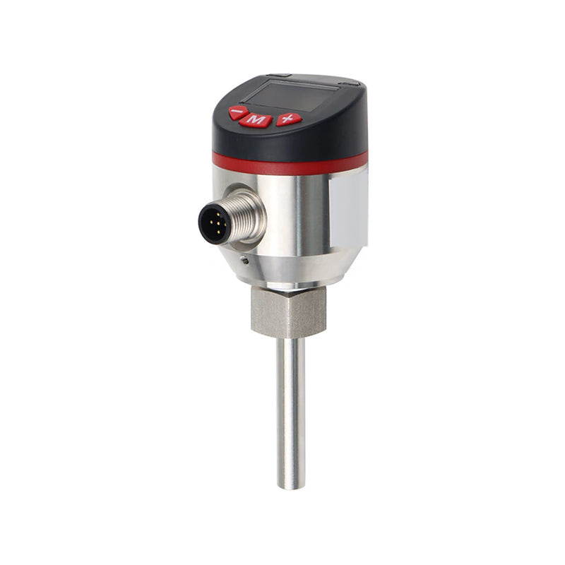 QEKD Strömungs-/Temperatursensor, Farbdisplay, IO-Link: schwarzer Kopf mit Display und drei roten Tasten, Edelstahlgehäuse mit M12-Stecker, Sechskant und Fühlerrohr