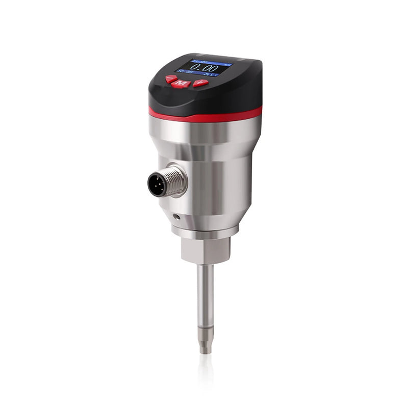 QEKE Strömungs-/Temperatursensor für Wasser, Farbdisplay: schwarzer Kopf mit Farbdisplay und drei roten Tasten, Edelstahlgehäuse mit M12-Stecker und schlankem Fühler
