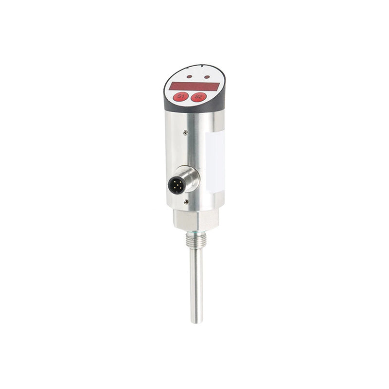 QEKG Strömungs-/Temperatursensor, LED-Anzeige, IO-Link: schlankes Edelstahlgehäuse mit roter LED-Anzeige und Tasten S1/S2, M12-Stecker, Einschraubgewinde und Fühler