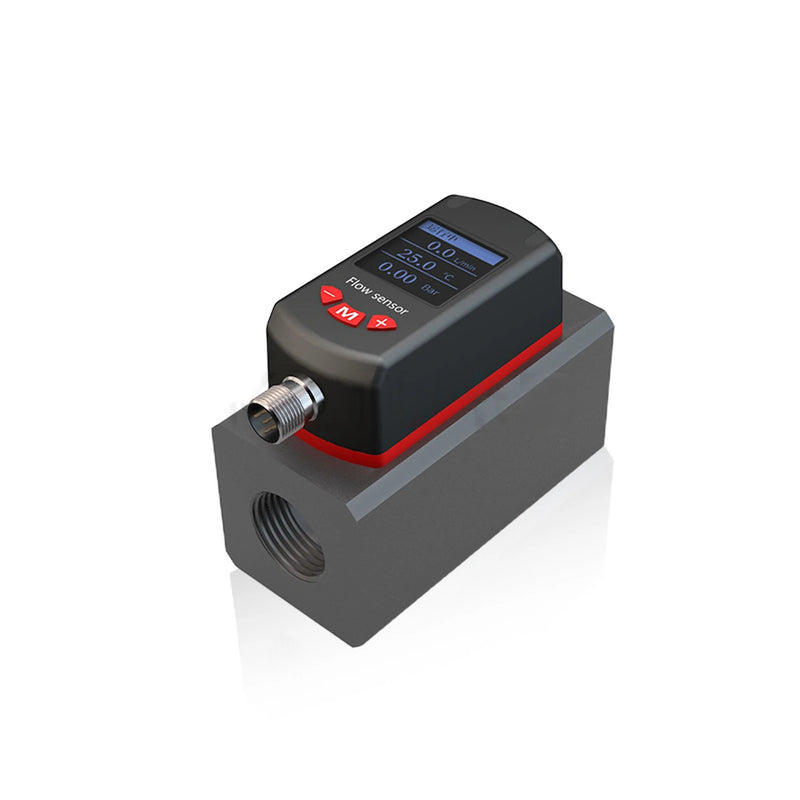 QEKH Durchfluss-, Druck- und Temperatursensor: grauer Messblock mit Innengewinde, schwarzer Kopf mit Display für Durchfluss, Temperatur und Druck, M12-Stecker