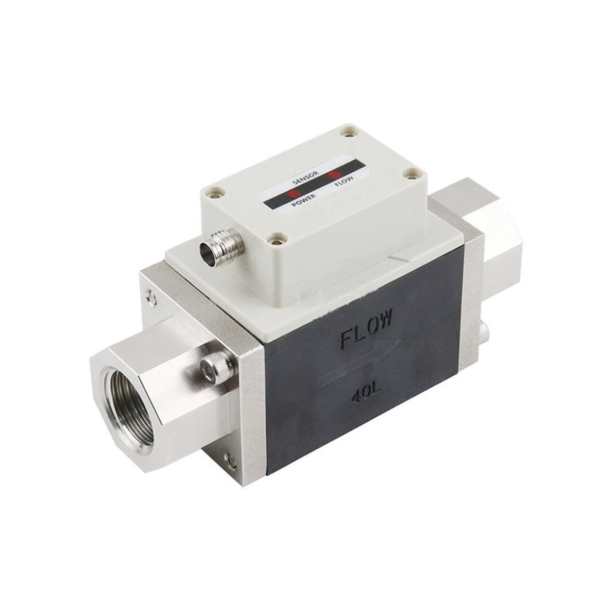 QEKJ Vortex-Durchflusssensor, Temperatur optional: Messblock mit Innengewinde, weißes Gehäuse mit Leuchtanzeigen Power, Sensor und Flow, Aufschrift FLOW 40L
