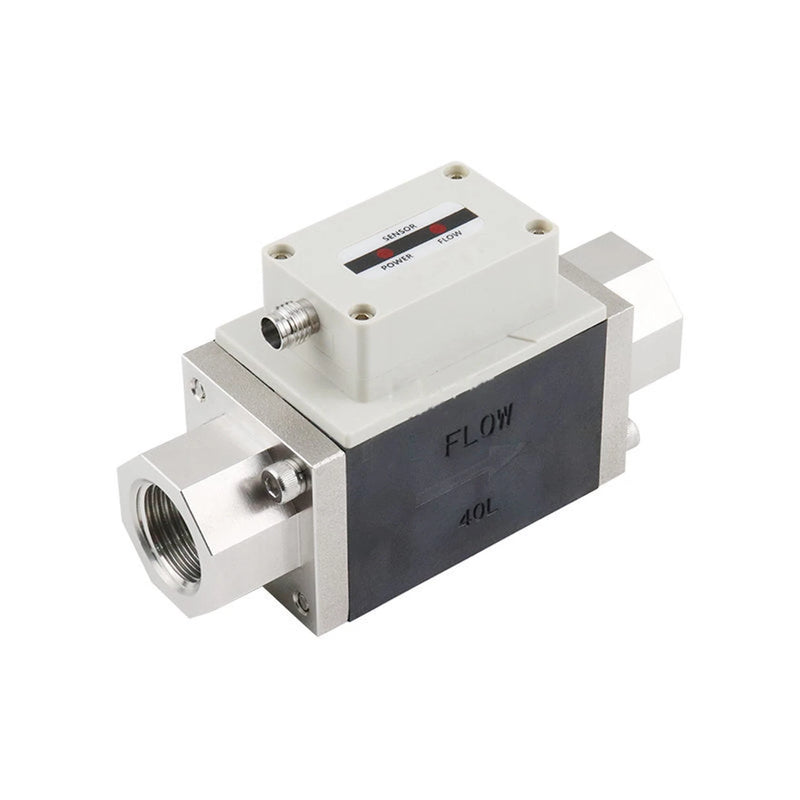 QEKJ Vortex-Durchflusssensor, Temperatur optional: Messblock mit Innengewinde, weißes Gehäuse mit Leuchtanzeigen Power, Sensor und Flow, Aufschrift FLOW 40L