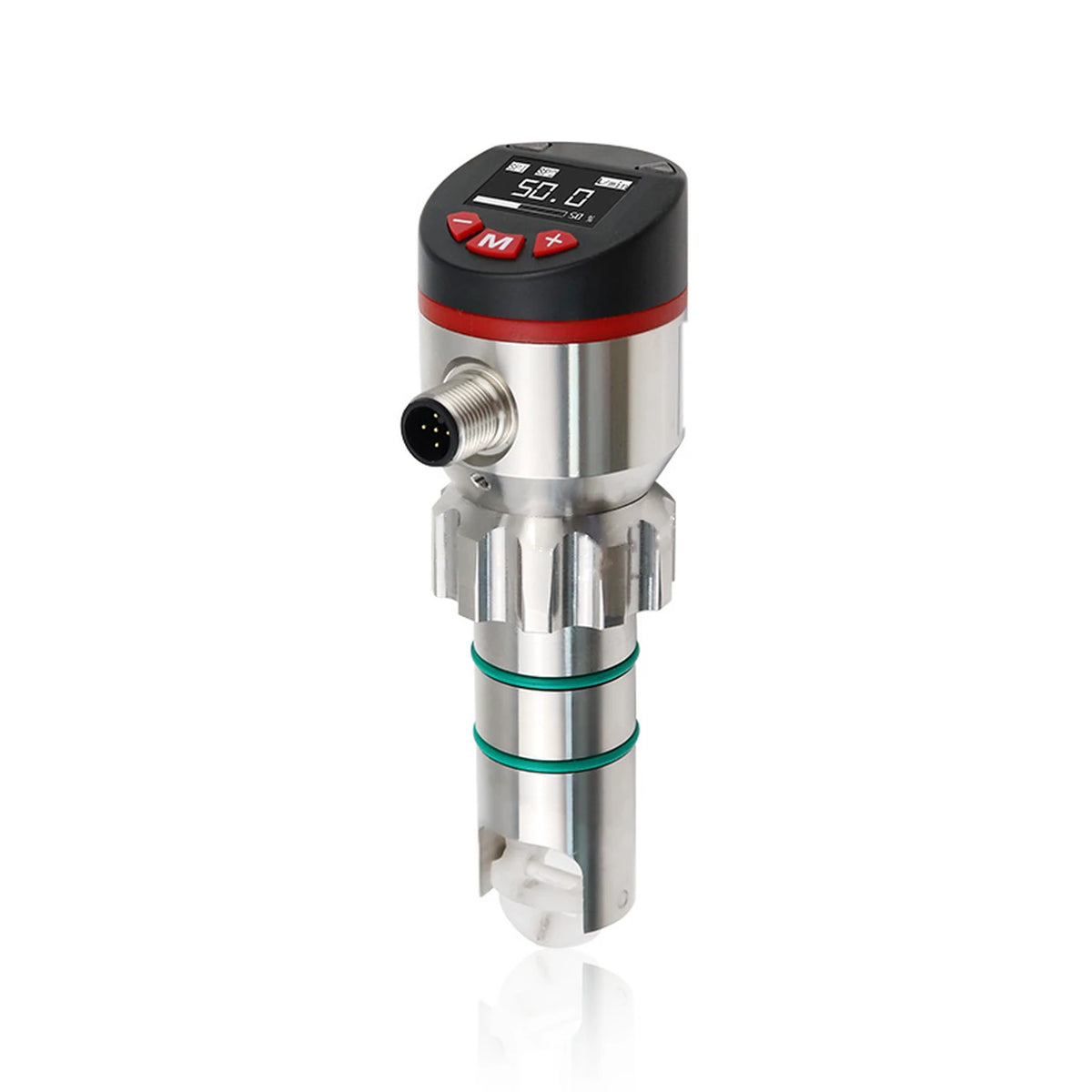 QFKE Flügelrad-Einstecksensor: Einstecksensor aus Edelstahl mit Farbdisplay, drei roten Tasten und M12-Stecker, Flügelrad am Fühlerende