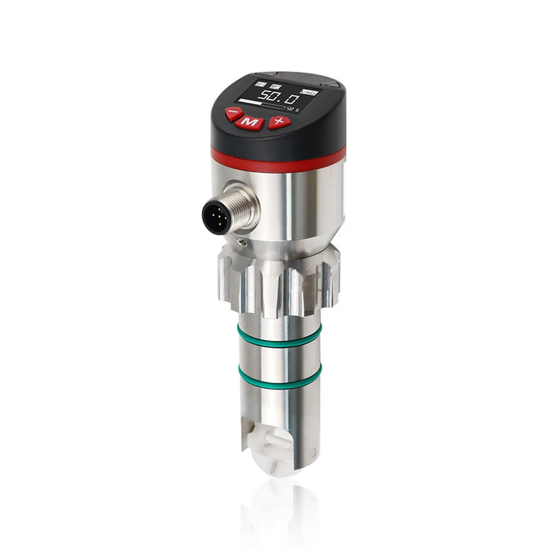 QFKE Flügelrad-Einstecksensor: Einstecksensor aus Edelstahl mit Farbdisplay, drei roten Tasten und M12-Stecker, Flügelrad am Fühlerende