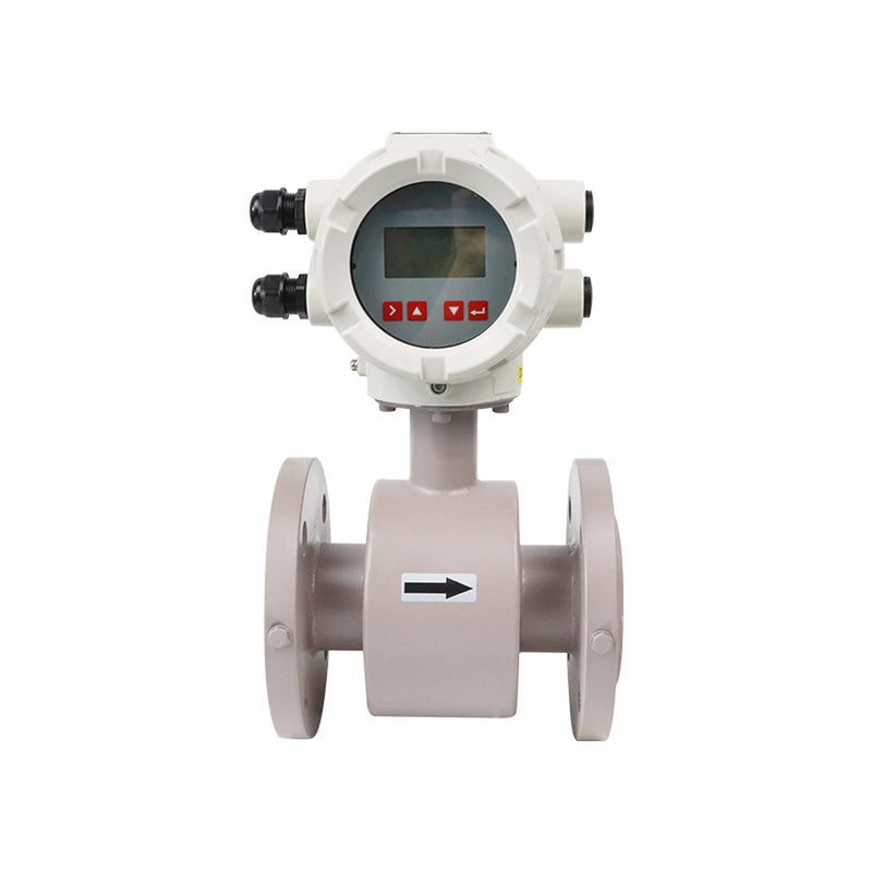 QMKB Magnetisch-induktiver Durchflussmesser, Modbus RTU: weißer Messumformerkopf mit LCD und vier roten Tasten, graues Messrohr mit Flanschen