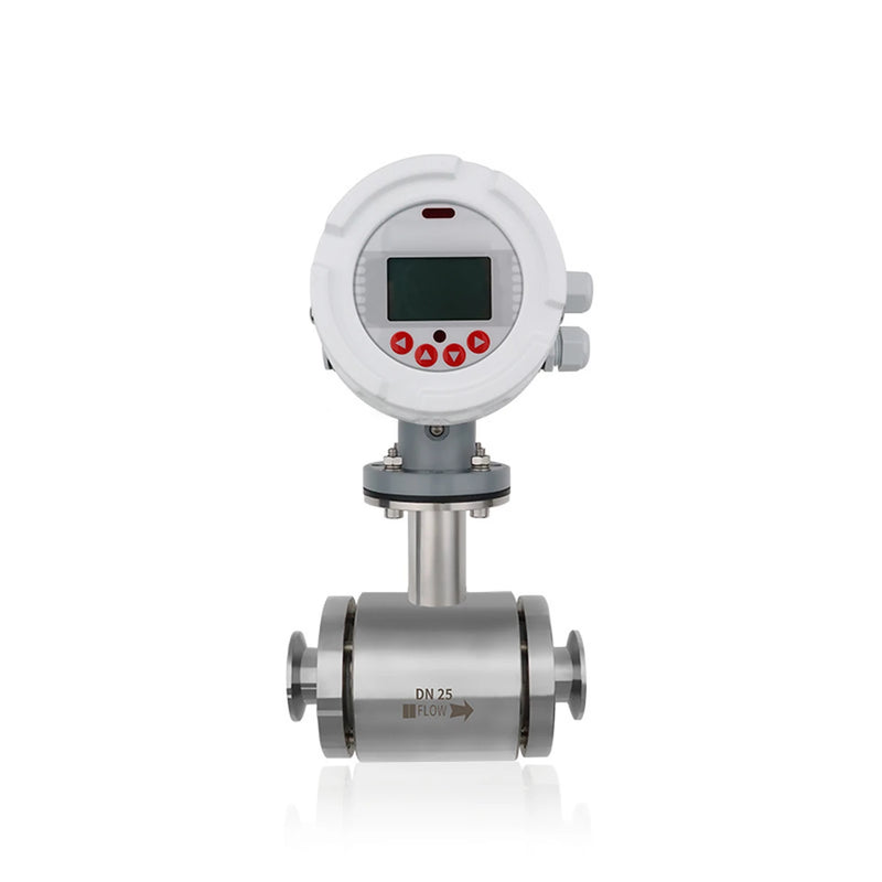 QMKC Magnetisch-induktiver Durchflussmesser, niedrige Leitfähigkeit: weißer Messumformerkopf mit LCD und roten Tasten, Edelstahl-Messrohr DN 25 mit Clamp-Anschlüssen