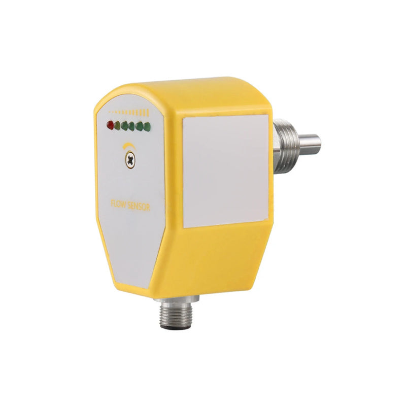 QSKA Kalorimetrischer Strömungswächter: gelbes Gehäuse mit LED-Kette, Einstellschraube und Aufschrift FLOW SENSOR, Einschraubfühler und M12-Stecker