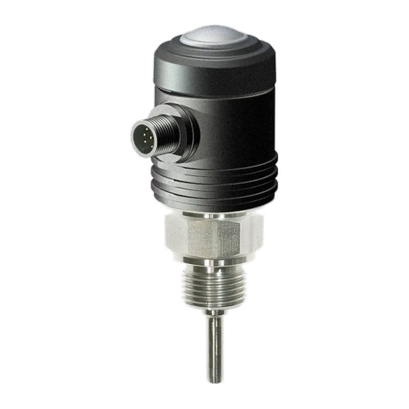 TLMB Temperatur-Grenzwertschalter: schwarzes Kunststoffgehäuse mit seitlichem M12-Stecker, Edelstahl-Sechskant und Messrohr