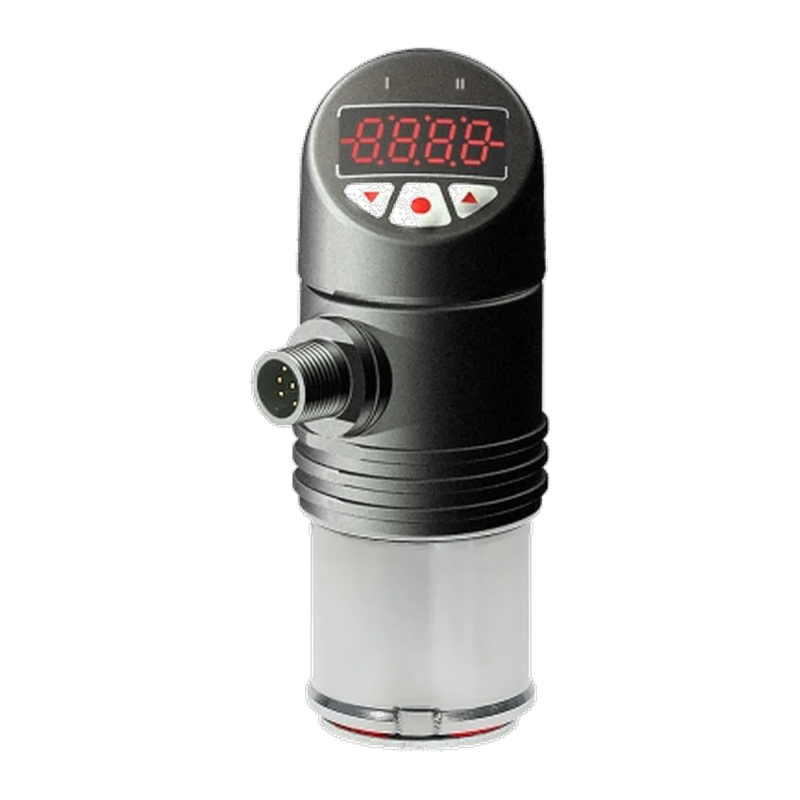 TMMA Oberflächensensor magnetisch mit Anzeige: rotes Display und drei Tasten im schwarzen Kopf, M12-Stecker und Haftmagnet
