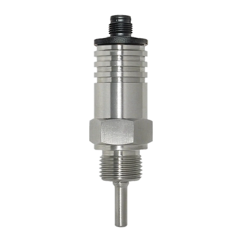 TPME Kompaktsensor IO-Link: Edelstahl mit Kühlrippen, Sechskant, Gewinde, dünnem Messrohr und schwarzem M12-Stecker