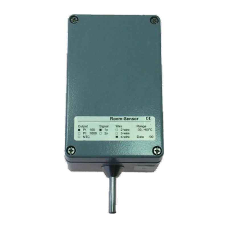 TRMB Raum-Widerstandsthermometer: graues Rechteckgehäuse mit vier Schrauben, Schild Room-Sensor und Messrohr unten