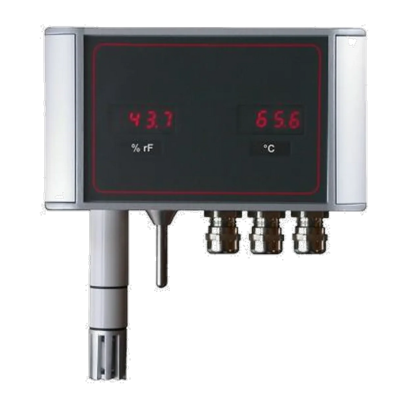TRMC Raum-Klima-Sensor: Alugehäuse mit roten Anzeigen für % rF und °C, Feuchtefühler mit Filterkappe und dünnem Messrohr
