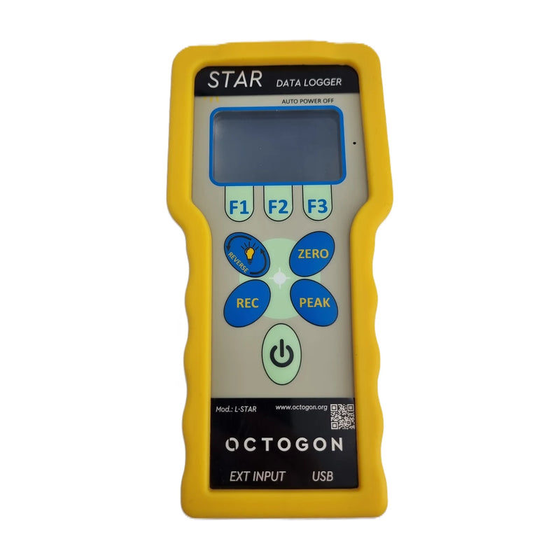 Handheld-Datenlogger EHAA von octogon mit gelber Schutzhülle, Display und Tastenfeld