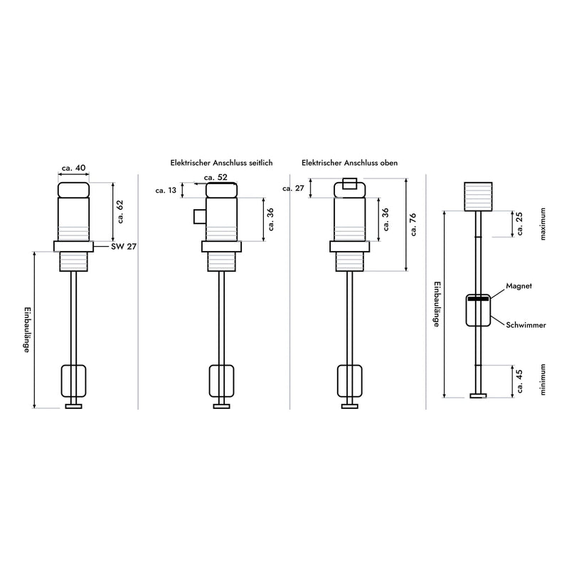 FSMB Schwimmer-Füllstandsensor, 4 … 20 mA oder 0 … 10 V – Abmessungen