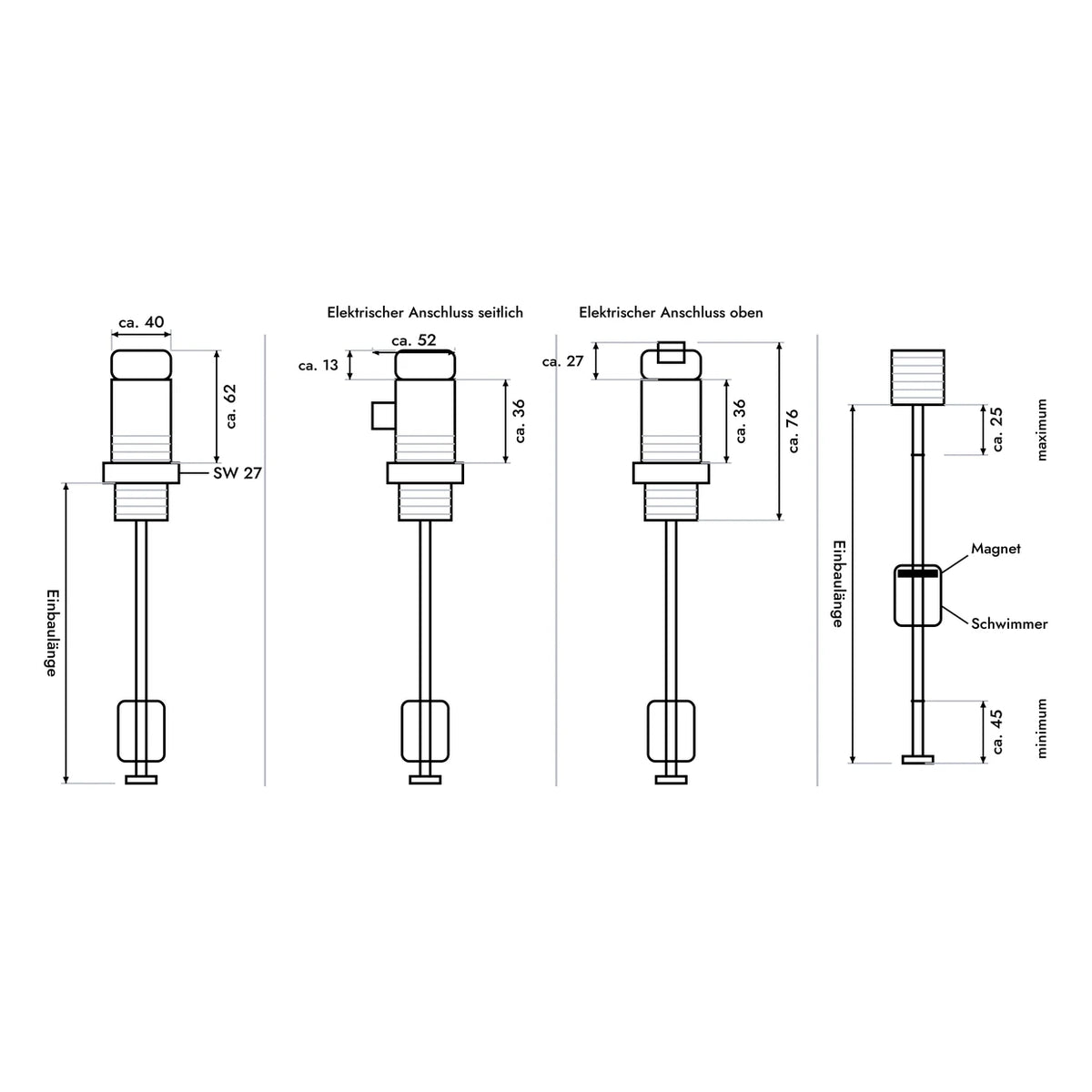 FSMC Schwimmer-Füllstandsensor ATEX und IECEx – Abmessungen