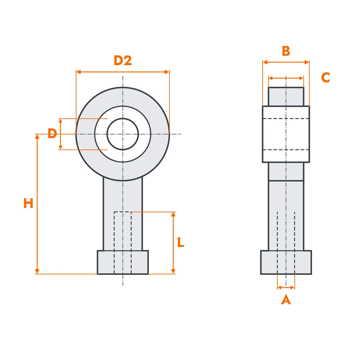 Maßzeichnung LAOAA Kugelgelenkkopf (A, B, C, D, D2, L, H)