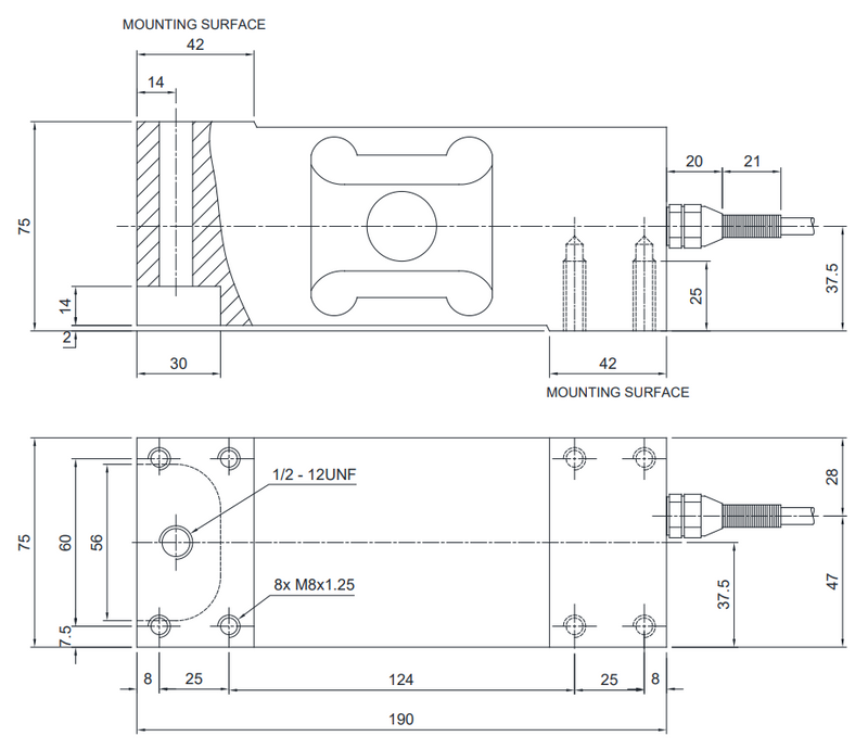 Maßzeichnung Single-Point-Wägezelle LCLM L-AR, Länge 190 mm