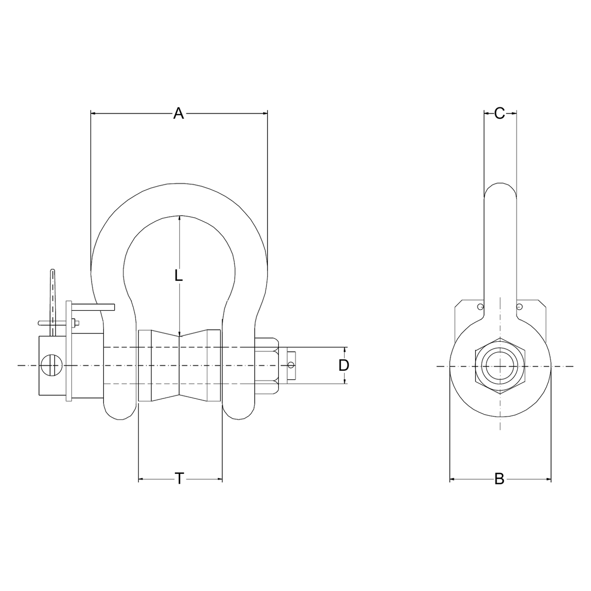 Dimensional drawing LPEA telemetry load shackle with dimension letters A, B, C, D, L and T