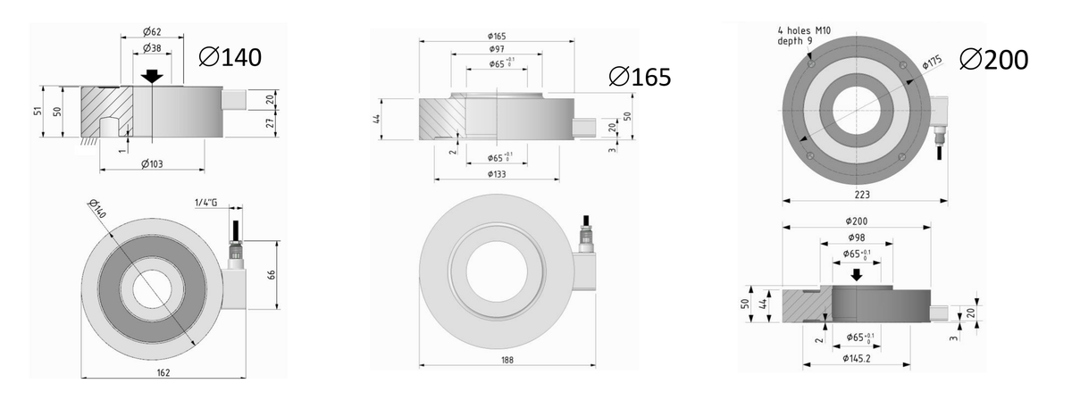 Dimension drawing of the LRAA ring load cell in sizes Ø 140, 165 and 200 mm