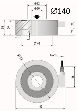 Maßzeichnung Kraftmessring LRAB 10CAMP mit Außen- und Innendurchmesser