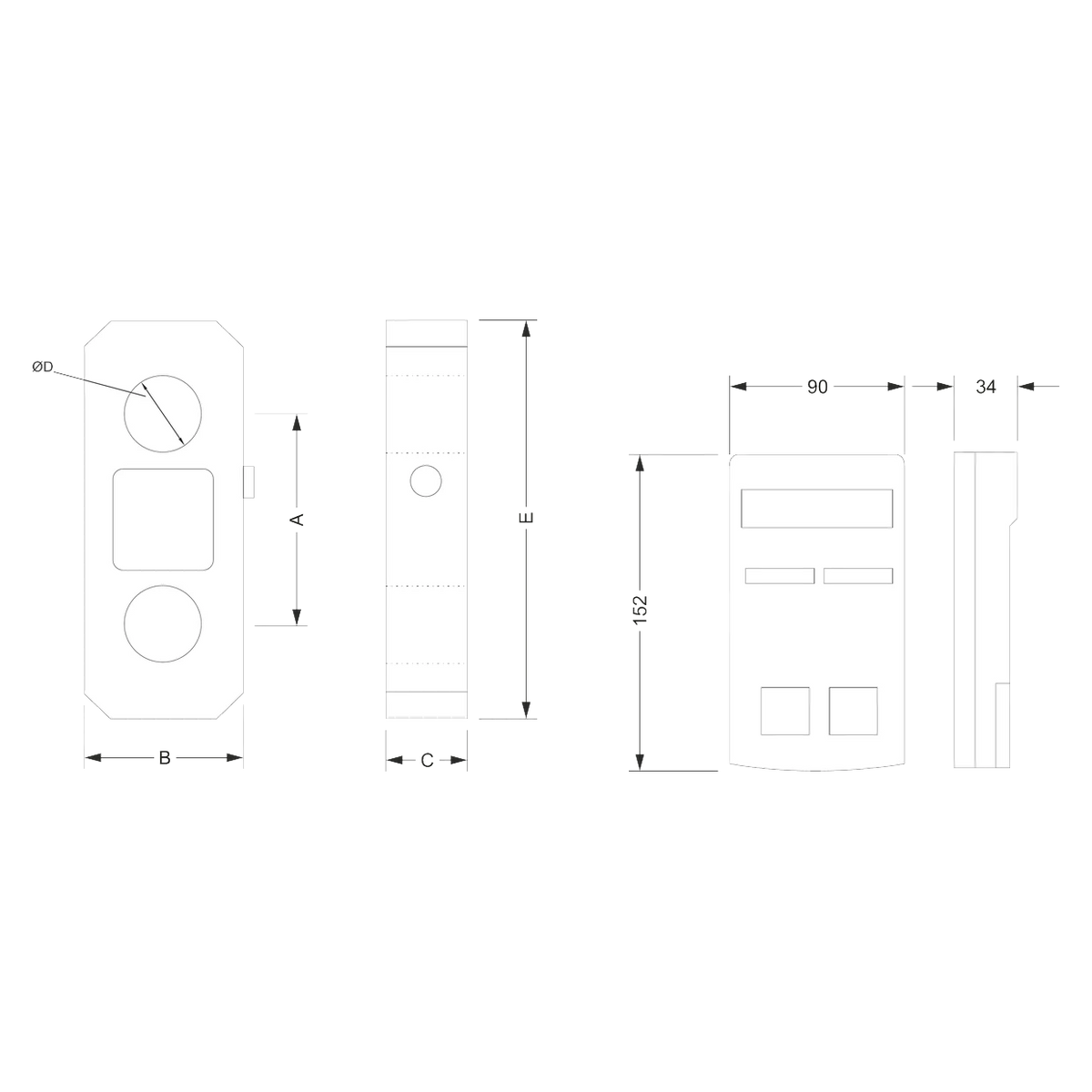 Dimensional drawing LTMA load link with dimension letters A to E and handheld display unit 152 × 90 × 34 mm