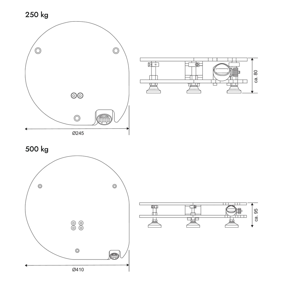 Maßzeichnung LWMA: 250 kg Ø 245 mm, Höhe ca. 80 mm; 500 kg Ø 410 mm, Höhe ca. 95 mm