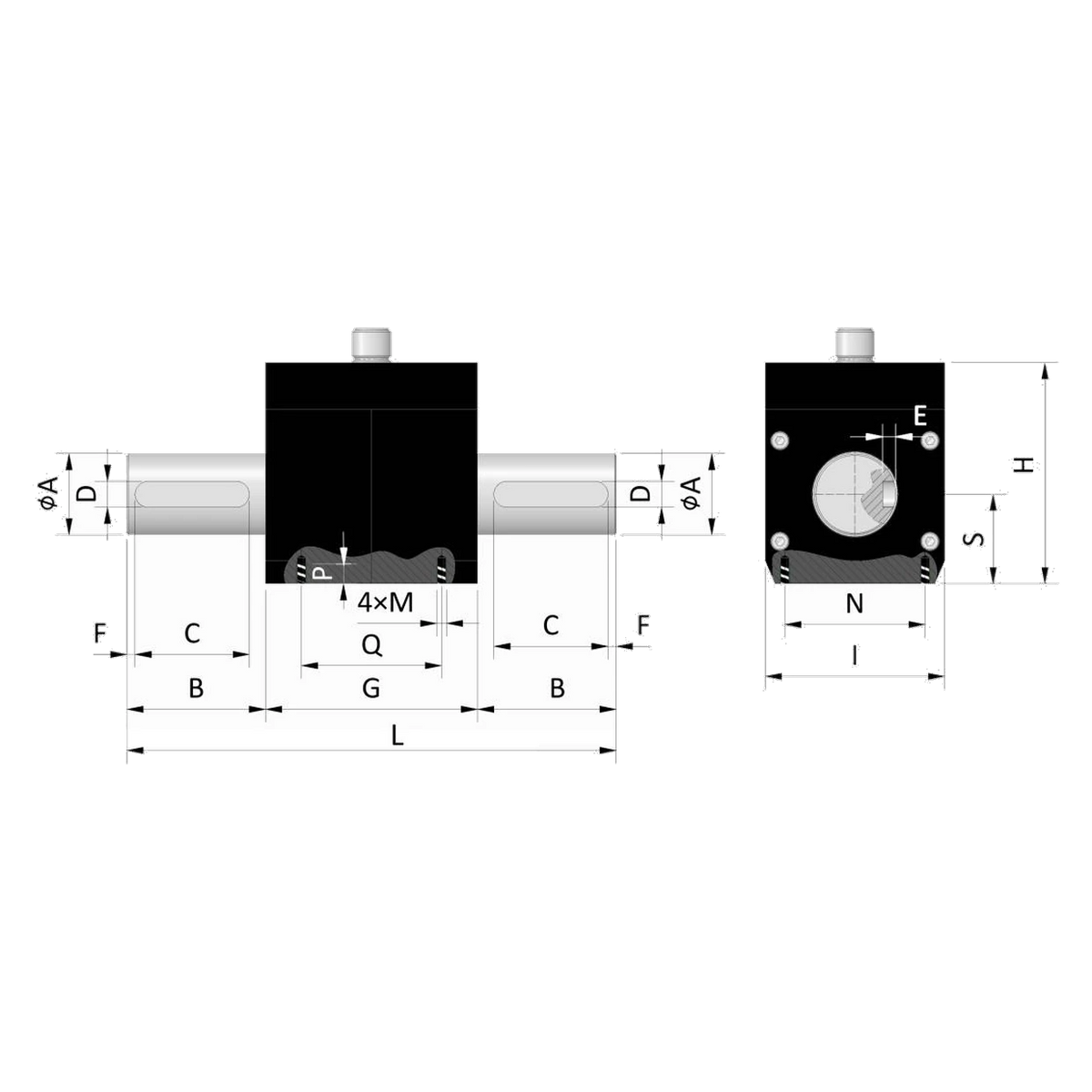 Maßzeichnung Drehmomentsensor MDAB RT8 mit Wellendurchmesser und Gehäuseabmessungen