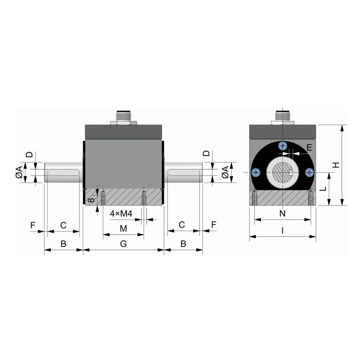Maßzeichnung Drehmomentsensor MDAC mit Welle, Passfedernut und Gehäuse
